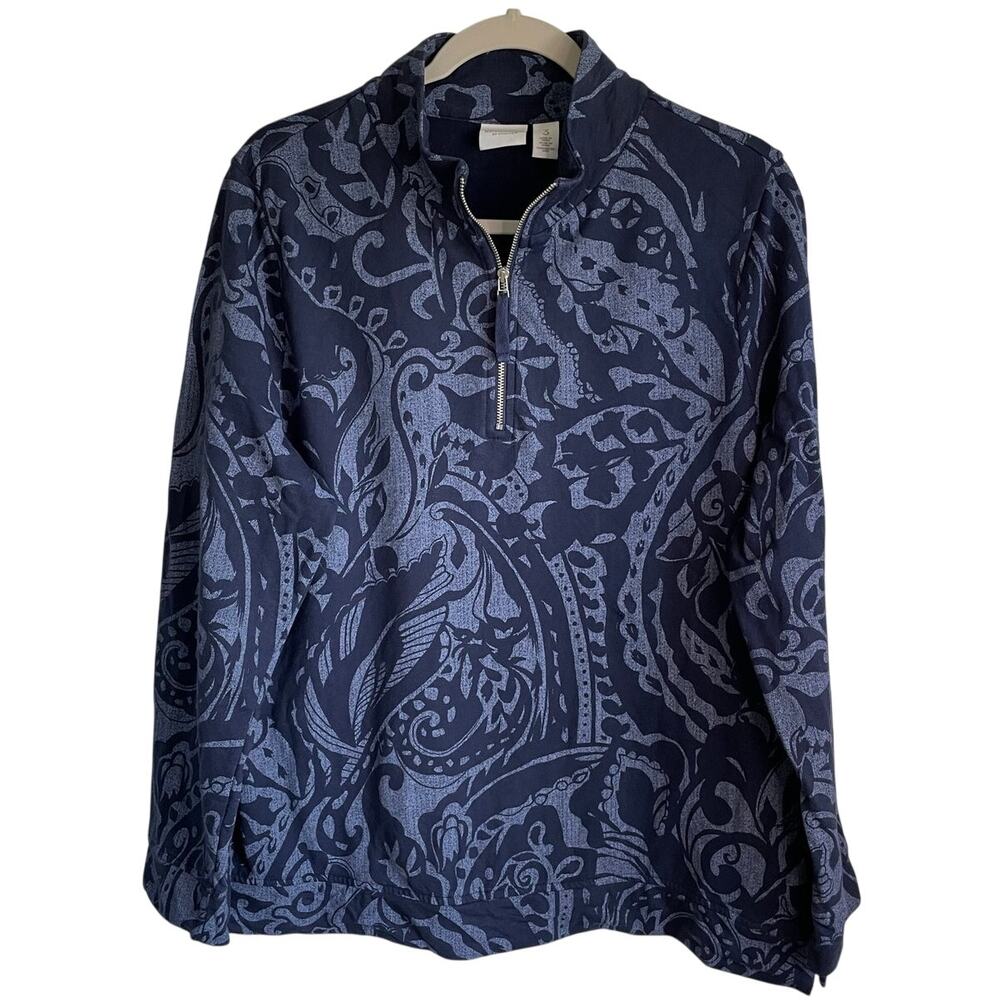 Chico’s Weekends 1/4 Zip Pullover Jacket Sz XL Blue Abstract Cotton Granola Girl